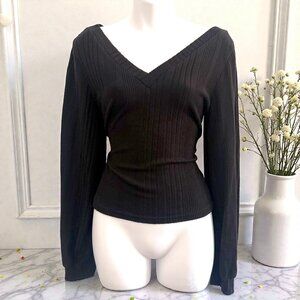 Black Ribbed Deep V Blouse | Bell Sleeves | Size L